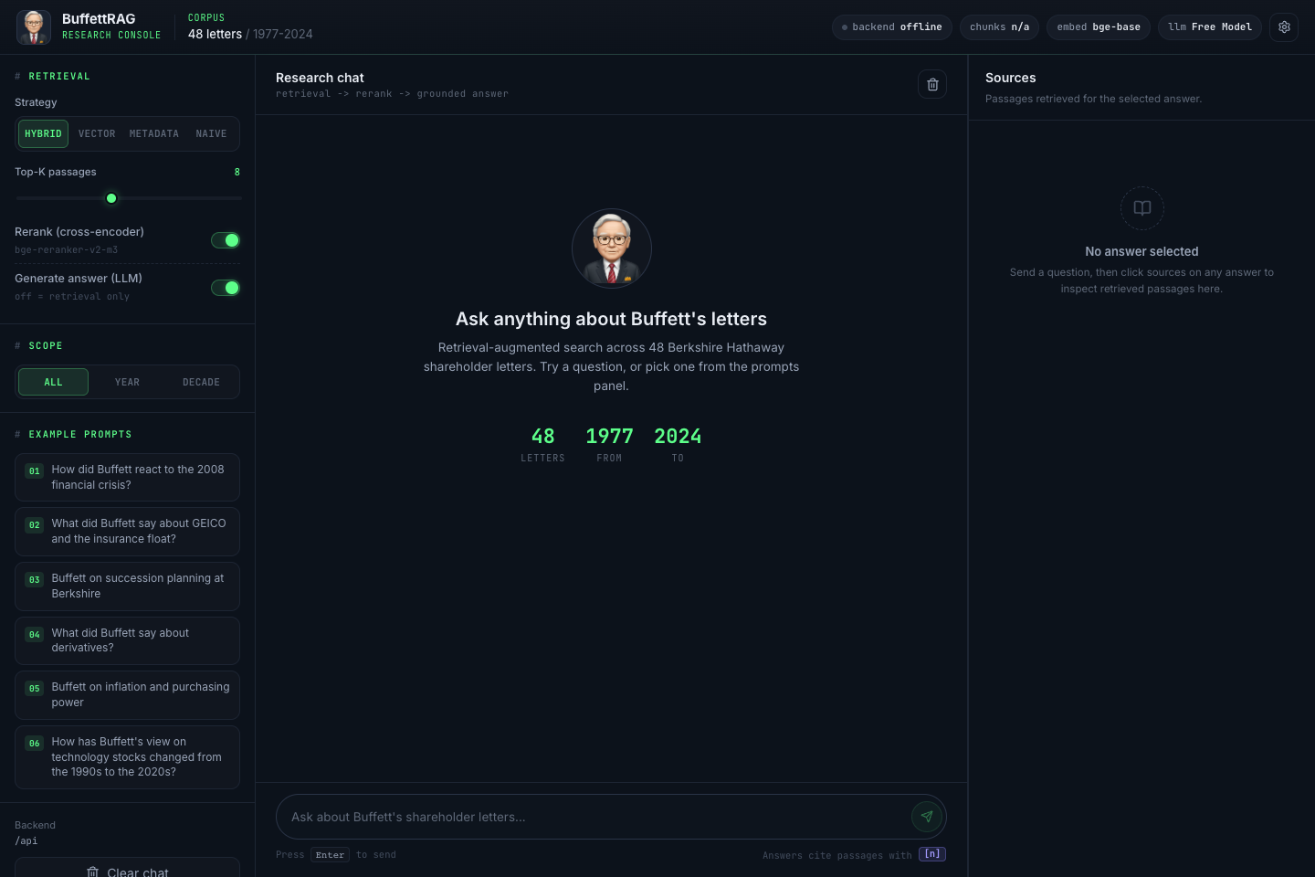 BuffettRAG research console with retrieval controls, question workspace and source panel