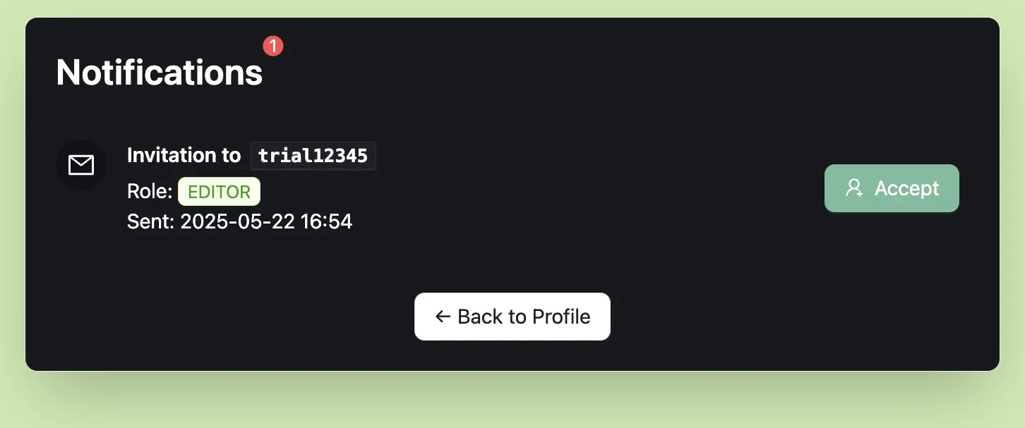 Invitations displayed on the notifications page